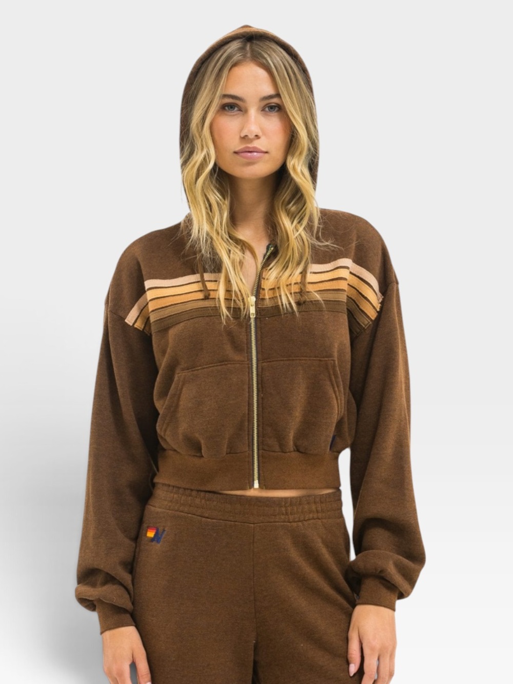 Aviator Nation 5 Stripe Cropped Zip Hoodie Chocolate Espresso Size M NWT
